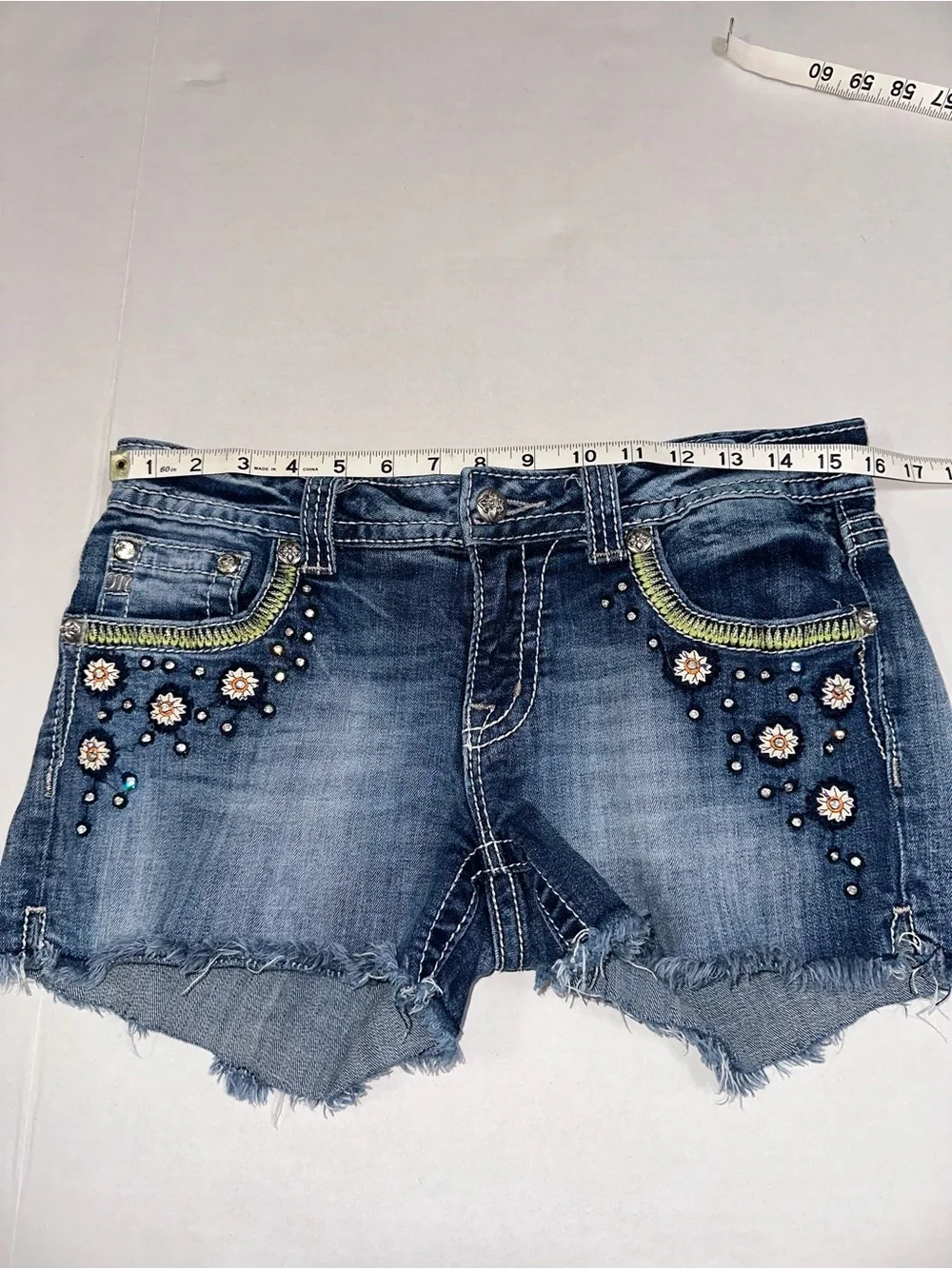 Miss Me Low Rise Distressed Size 30 Denim Shorts Embroidered Bling Pockets Y2K